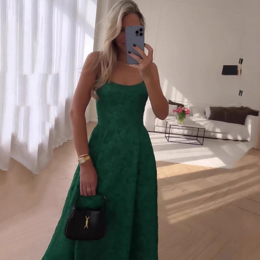 Ruched Letter Print Green Strap Long Dress with Waistline Elegant Casual Knit Dress