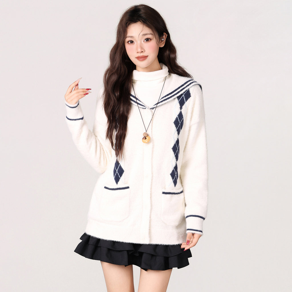 Style Navy Collar Thick Knit Sweater Coat
