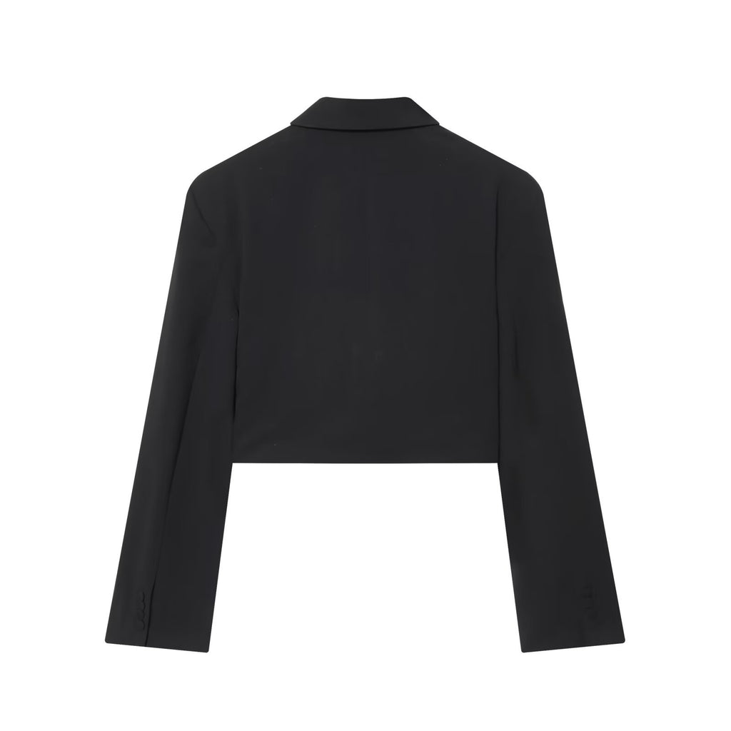 Black short suit jacket with shoulder pads and pleats