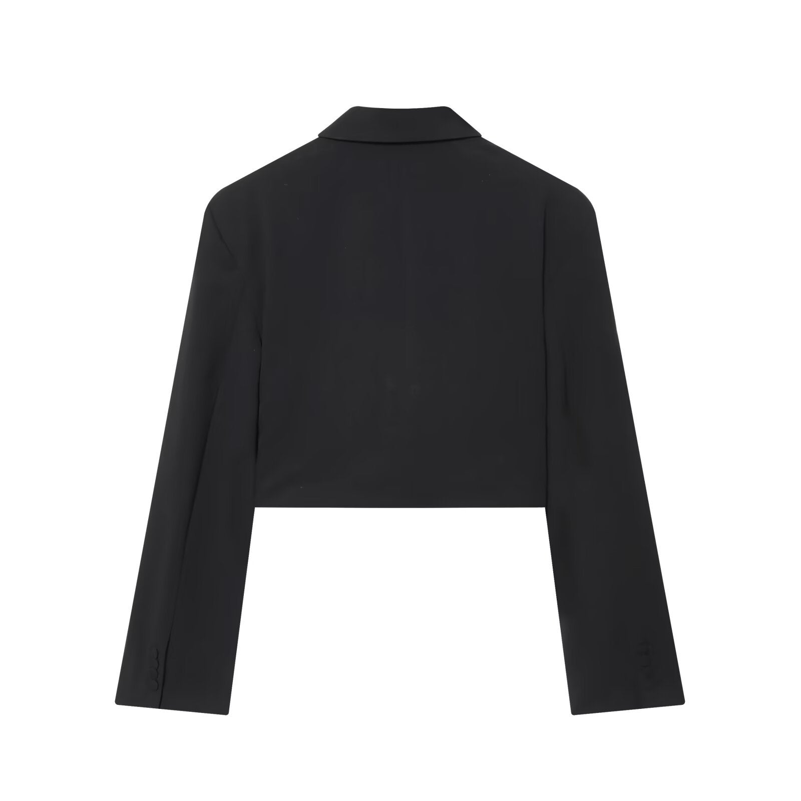 Black short suit jacket with shoulder pads and pleats