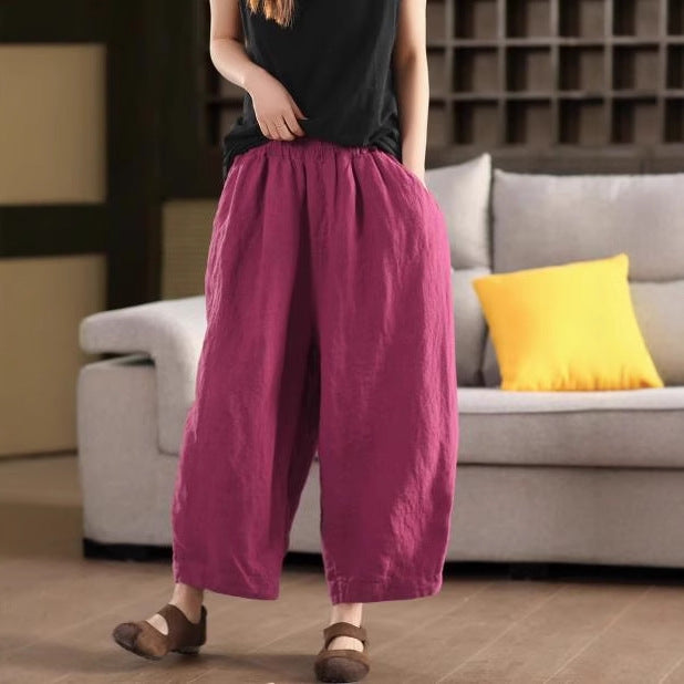 Summer New Heavy Sand-Washed Linen Vintage Color Loose Trousers Slim Literary Flare Pants Harem Pants