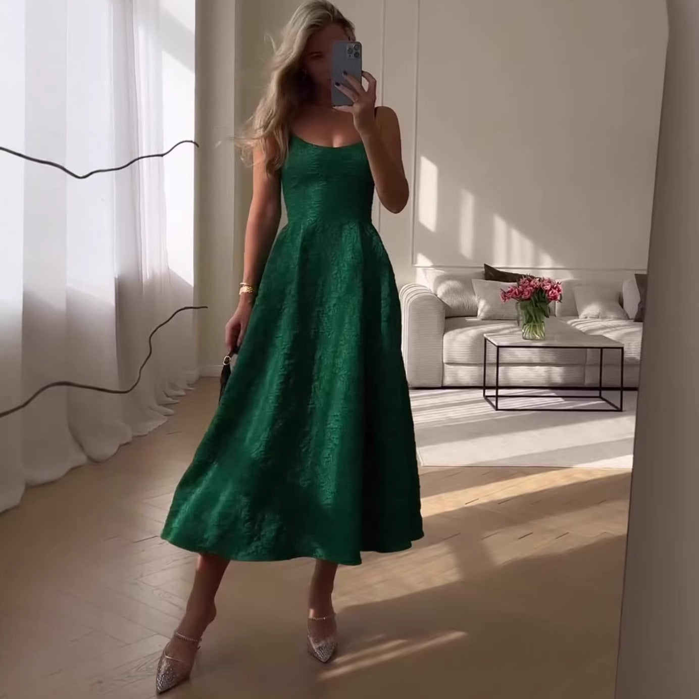 Ruched Letter Print Green Strap Long Dress with Waistline Elegant Casual Knit Dress