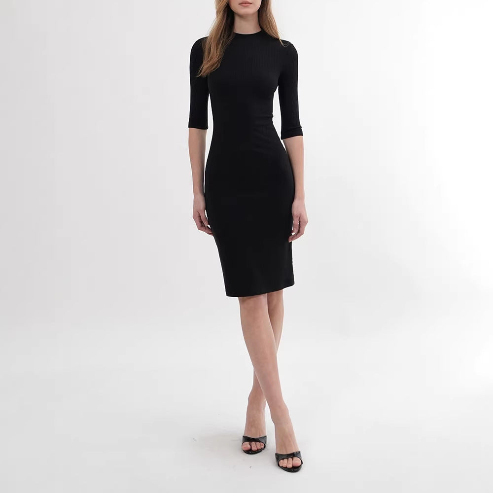 Half-High Neck Knit Mid-Sleeve Dress Slim Fit Bodycon Ribbed Midi Dress for Women