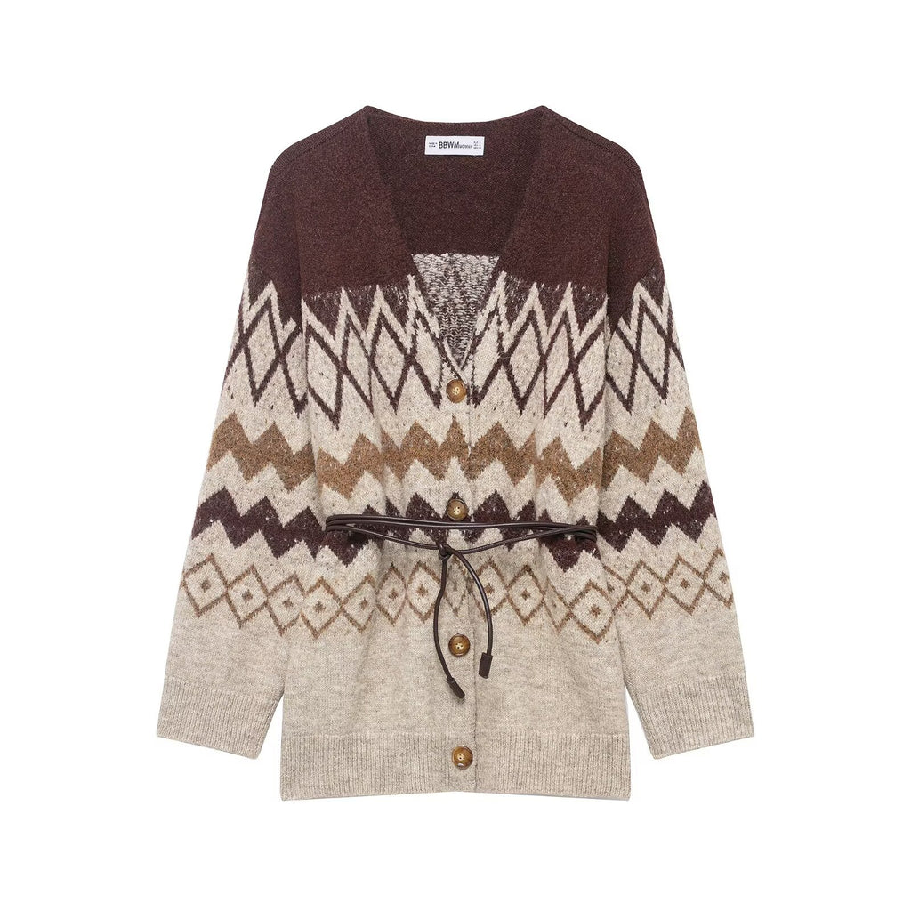 Vintage Jacquard Bead Knitted Coat with Belt