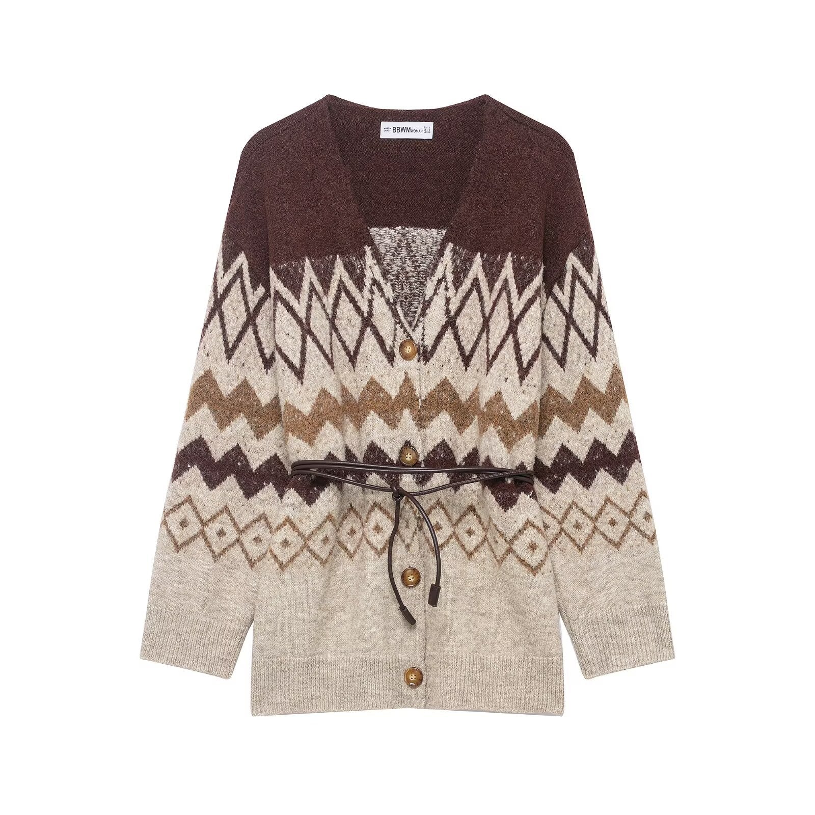 Vintage Jacquard Bead Knitted Coat with Belt
