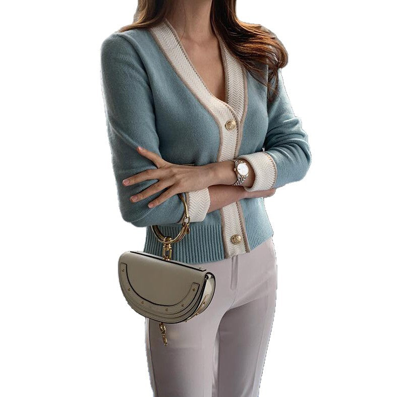 Color-Blocked V-Neck Knit Cardigan Coat for Women
