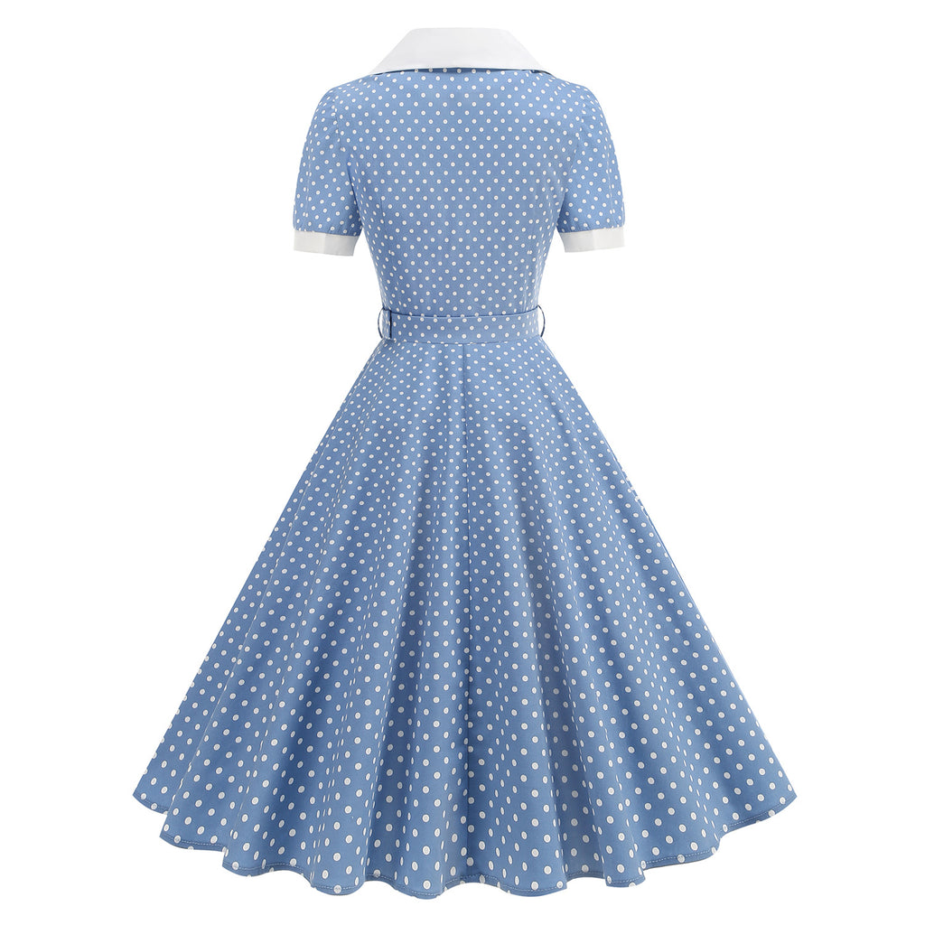 Hepburn StyleNotch Collar Fitted Polka Dot Open Front Tie Waist Flared Mid-Length Parent-Child Dress Cotton