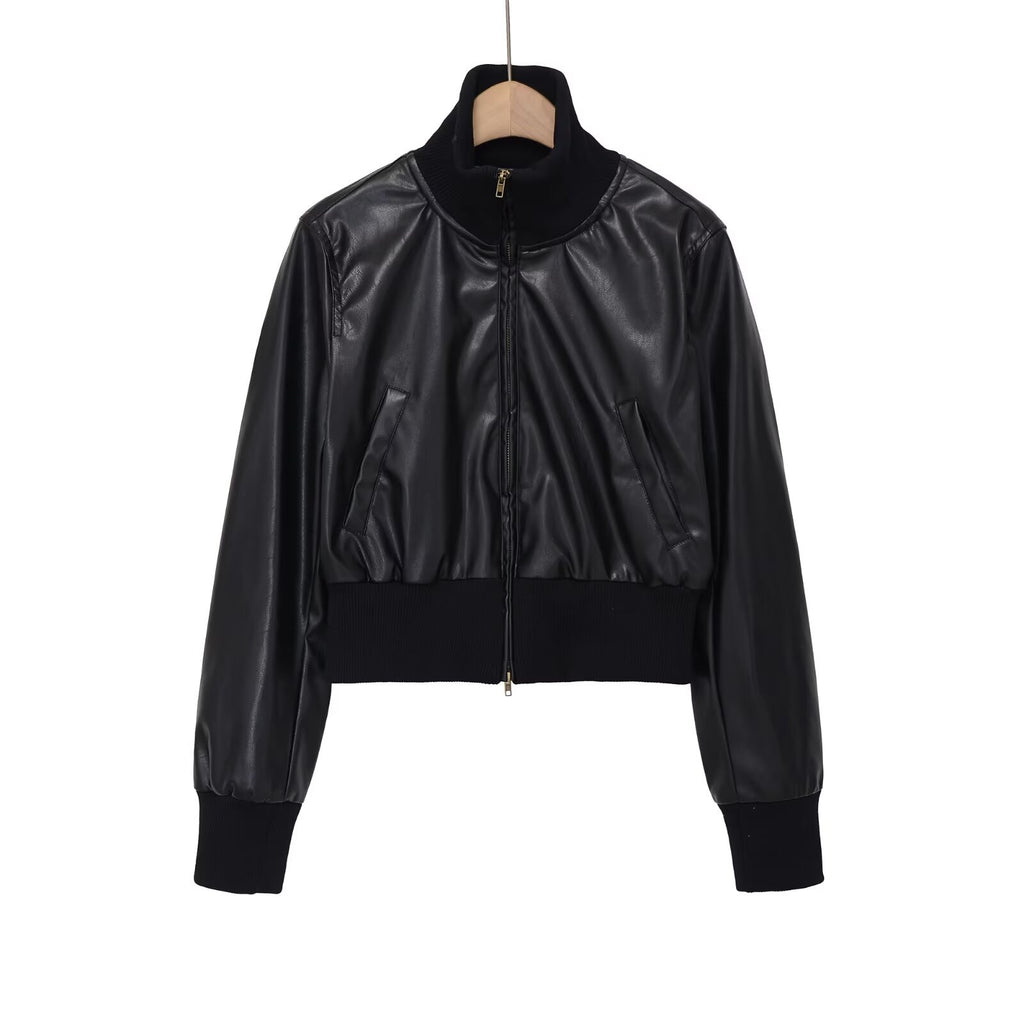 Stand collar versatile and minimalist faux leather executive jacket