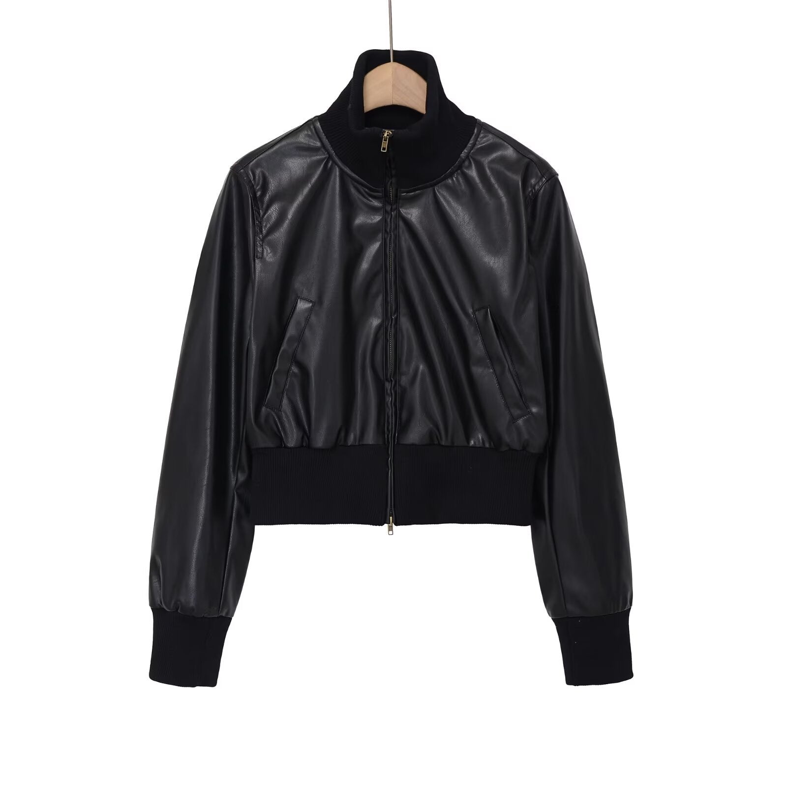 Stand collar versatile and minimalist faux leather executive jacket