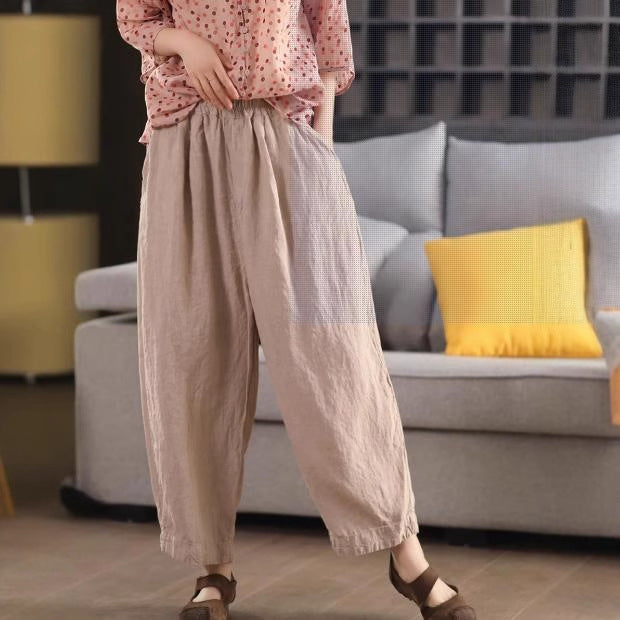 Summer New Heavy Sand-Washed Linen Vintage Color Loose Trousers Slim Literary Flare Pants Harem Pants