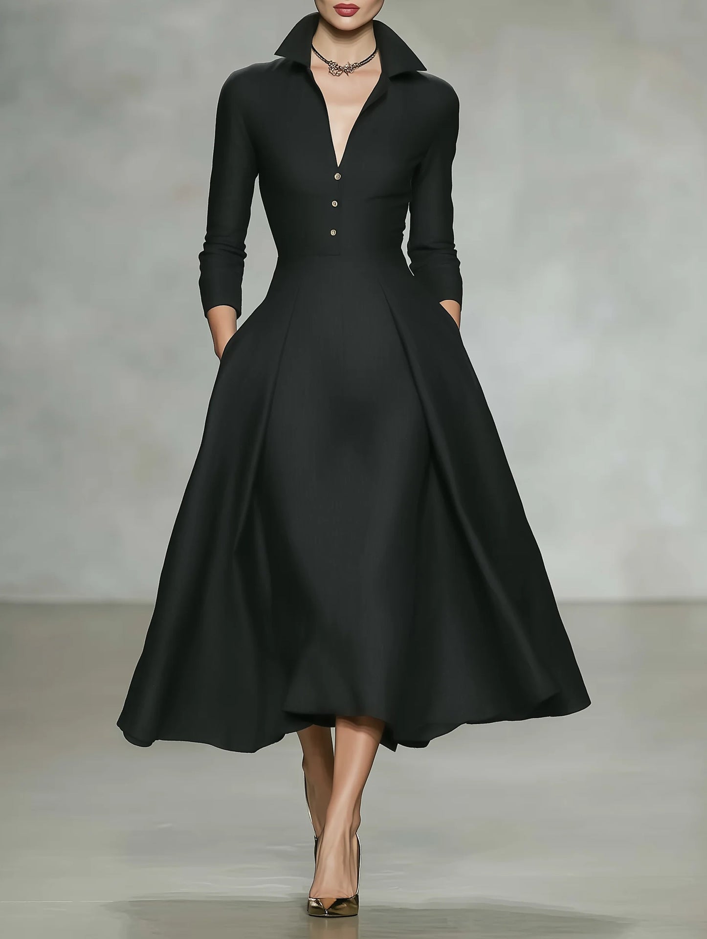 V-neck waist cinched long sleeved dress