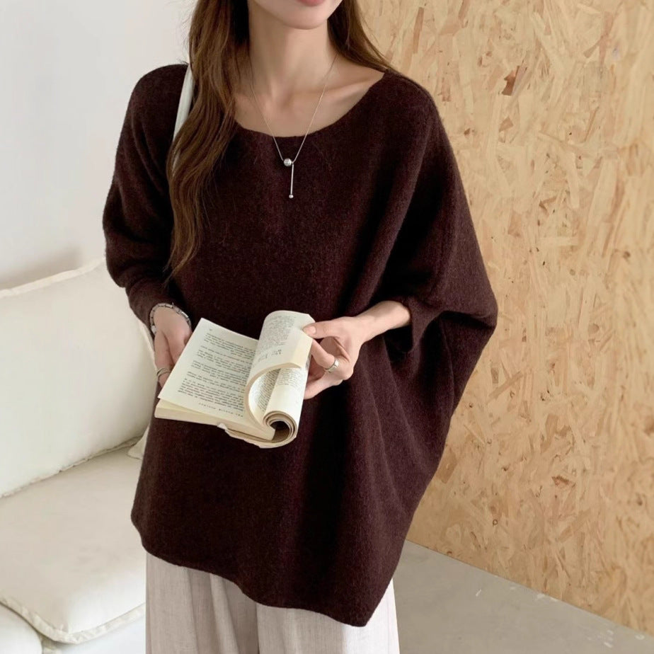 Lazy Style Knit Sweater Coat for Women, Irregular Design Batwing Sleeve Top