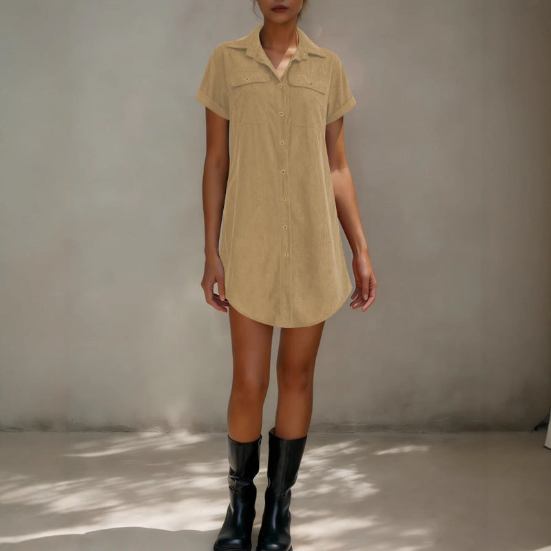Vintage Casual Corduroy Shirt Dress, Loose Slim FitTurn-Down CollarWomen's Dress