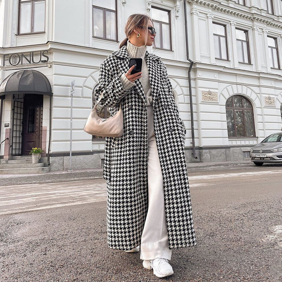 Long Checkered Coat for Women, Black and White Classic Trench Coat