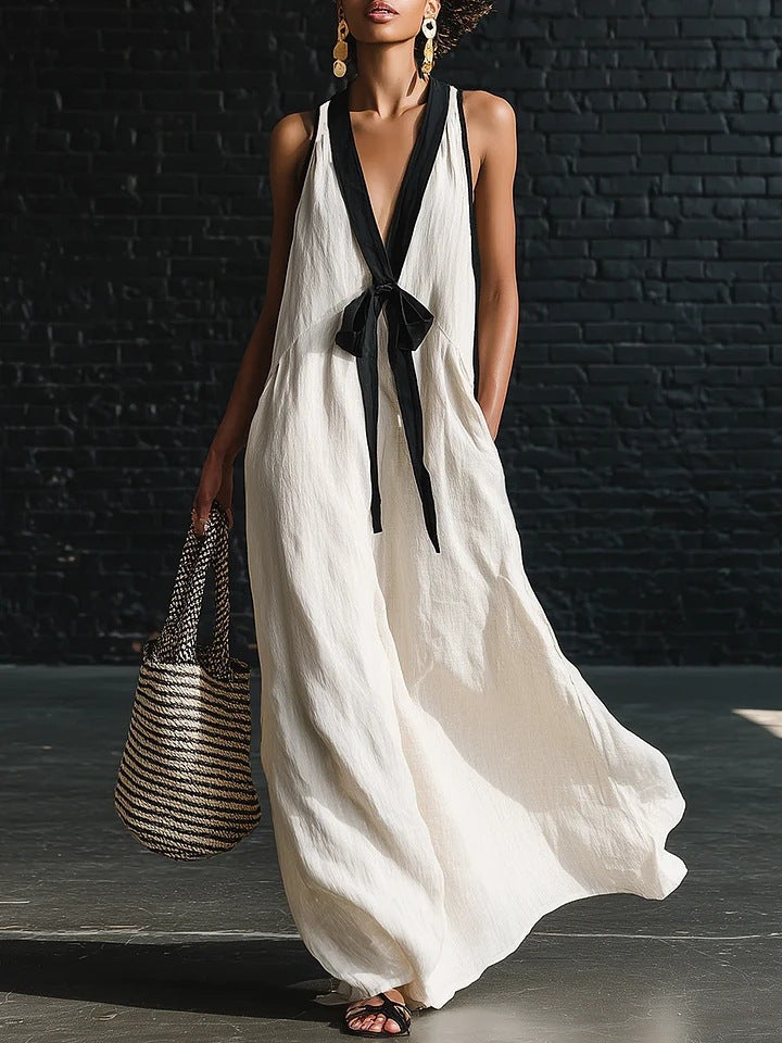 V-neck Strapless Sleeveless Resort-Style Long Simple Elegant Dress