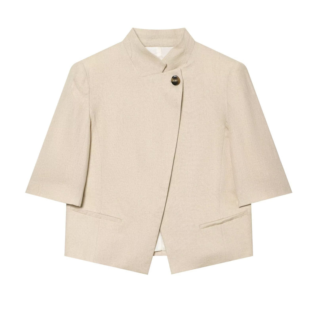 Stand collar linen blend short sleeved suit jacket