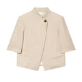 Stand collar linen blend short sleeved suit jacket