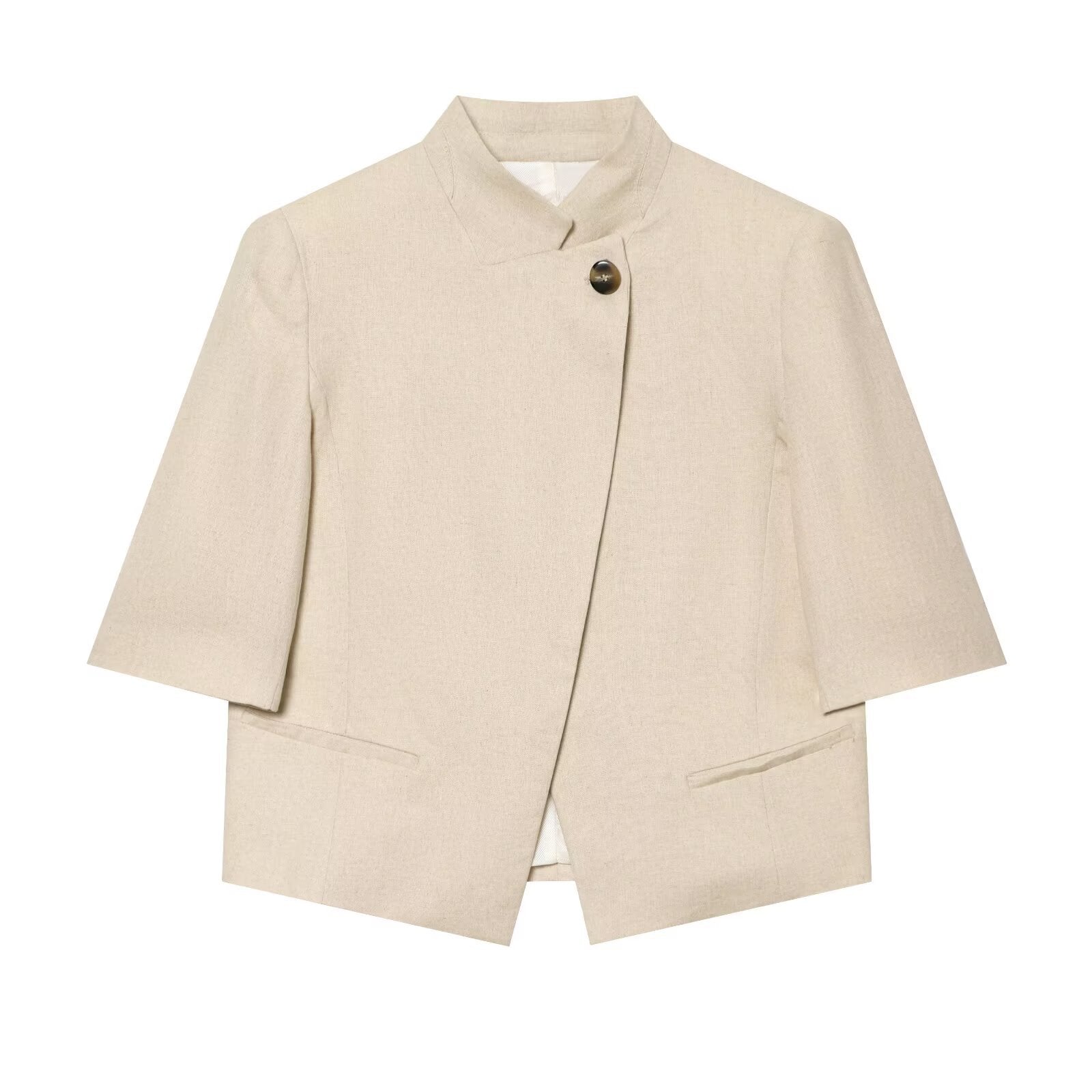 Stand collar linen blend short sleeved suit jacket