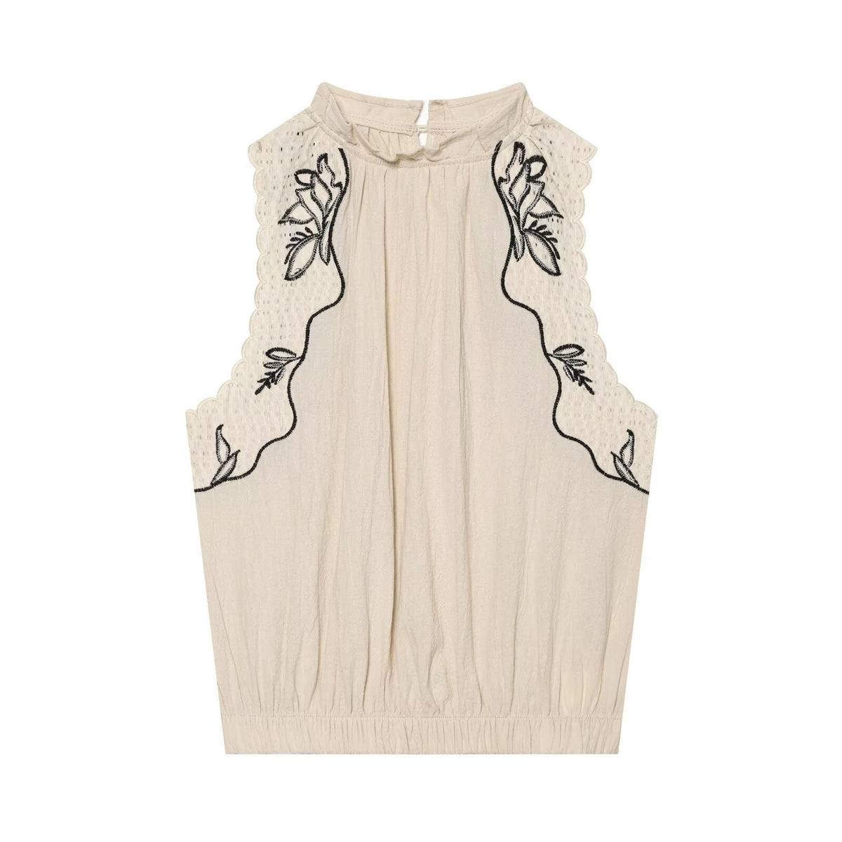 Embroidered patchwork balloon shaped sleeveless top