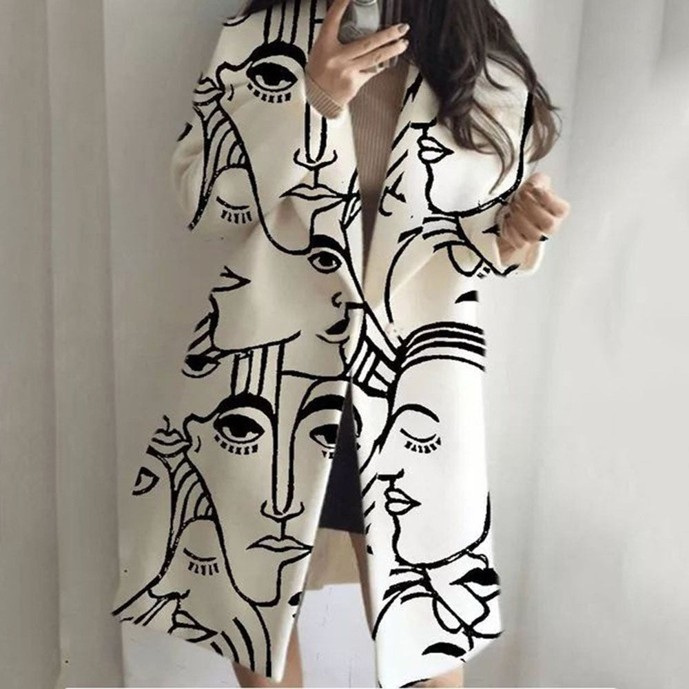 Autumn Long Sleeve Notched Lapel Printed Woolen Trench Coat for Women