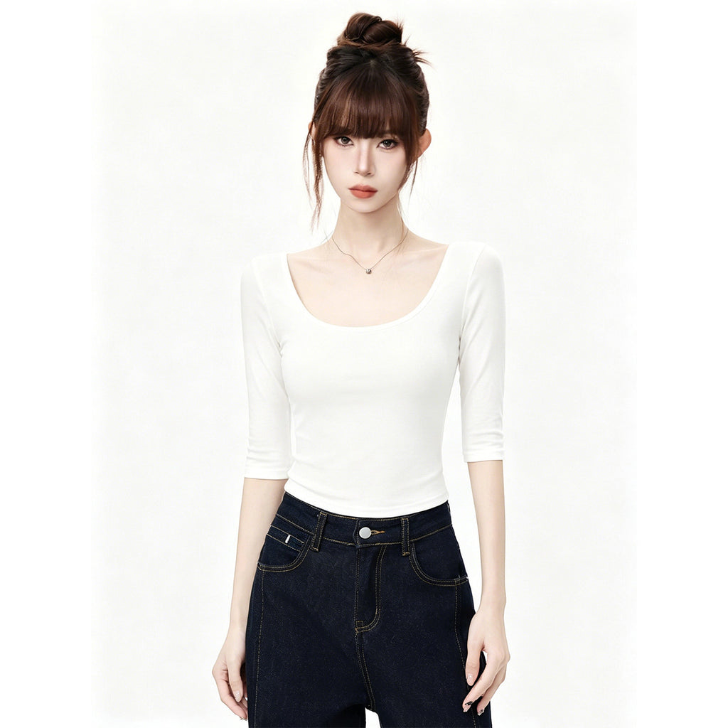 White Deep U-Neck Slim-Fitting Versatile Mid-Sleeve T-Shirt for Women, Fitted Shoulder Top