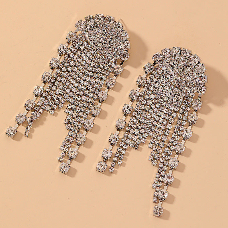 Full diamond long tassel silver needle earrings with a niche temperament for women