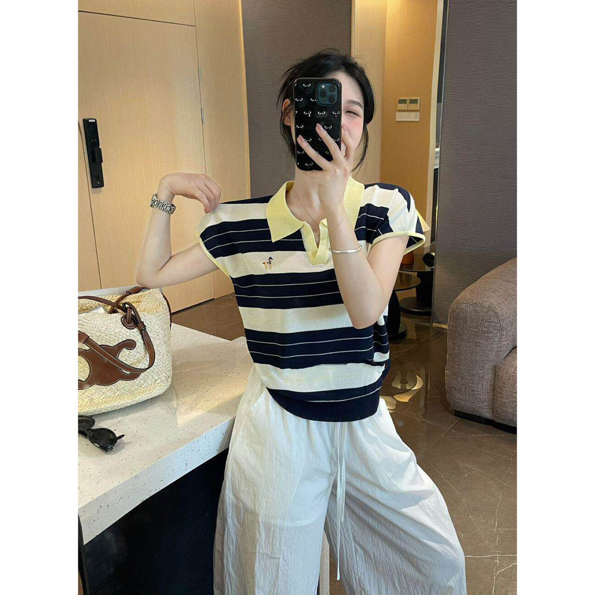 minimalist striped polo neck knitted top for women