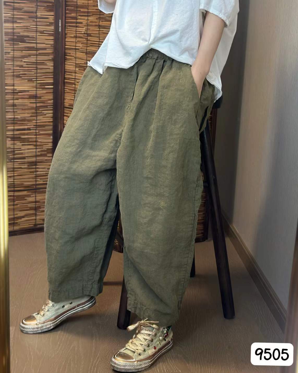 Summer New Heavy Sand-Washed Linen Vintage Color Loose Trousers Slim Literary Flare Pants Harem Pants