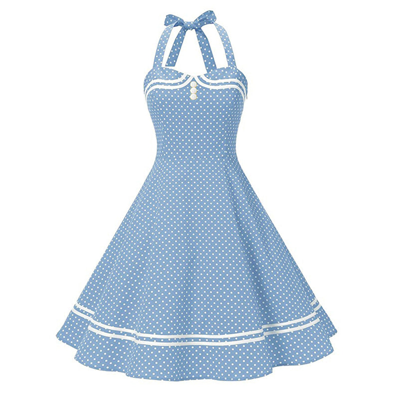 Hepburn Vintage Navy Polka Dot Backless Tie-Neck Flared A-Line Cotton Dress