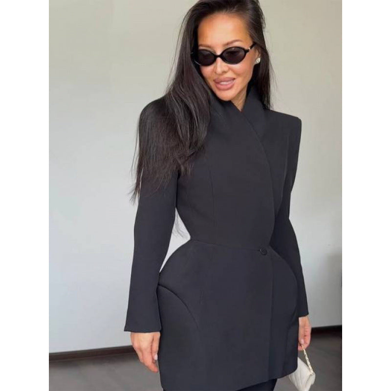 Sophisticated Black Notch Lapel Loose Mid-Length Suit Jacket for Women