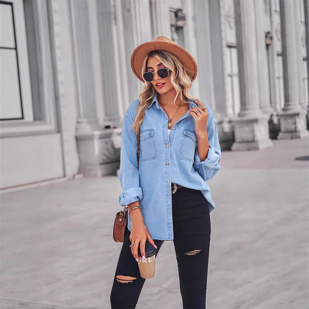 Fashionable Slim-Fitting Denim Jacket for Women with Single Row of Buttons, Long Sleeve Casual Shirt