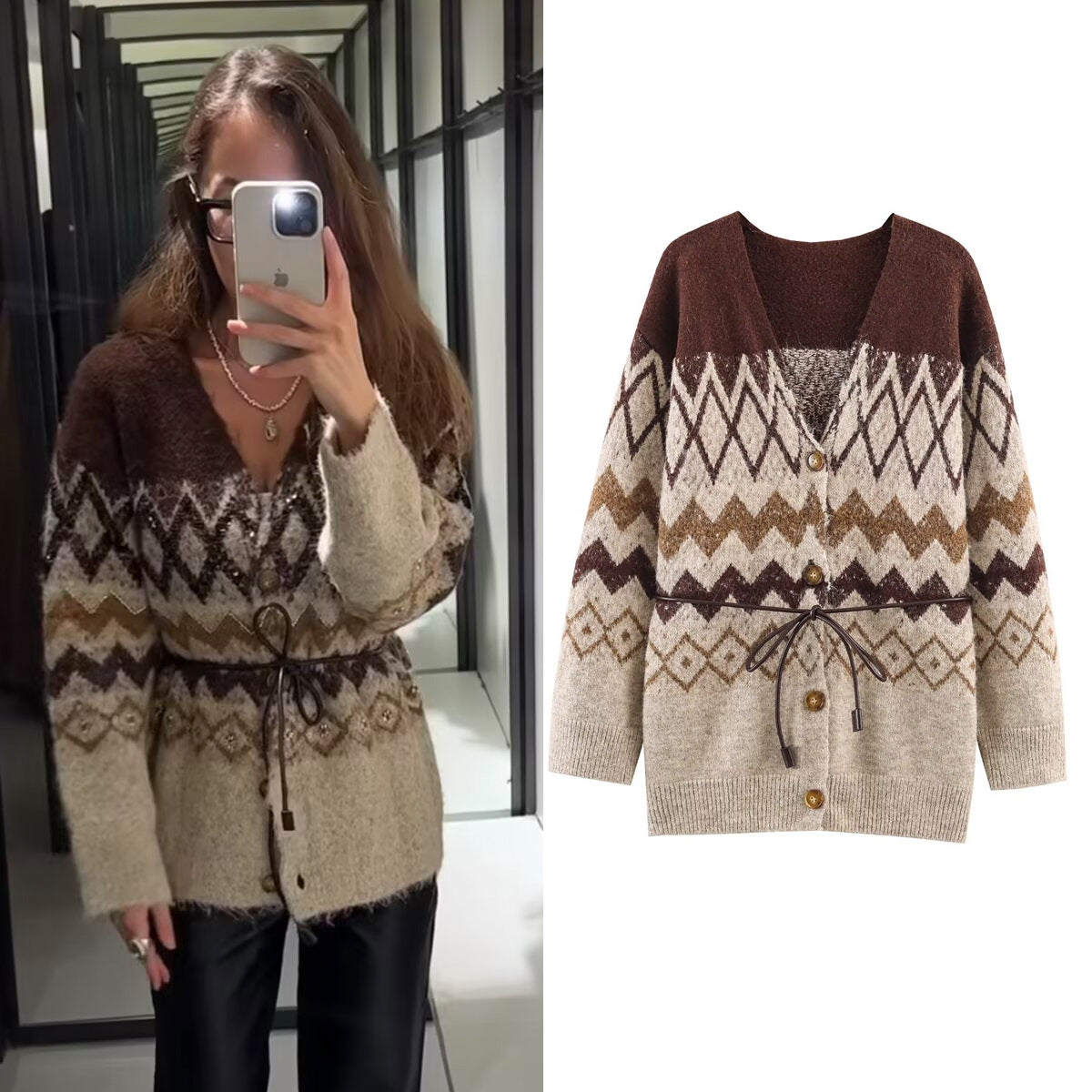 V-neck belt decoration cardigan sweater jacket for women