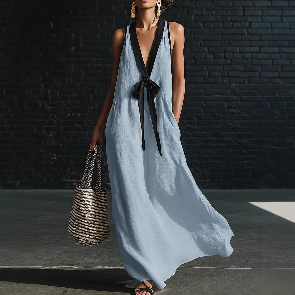 V-neck Strapless Sleeveless Resort-Style Long Simple Elegant Dress