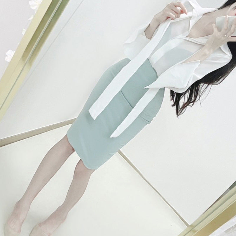 High waisted tight fitting hip hugging mid length skirt for women