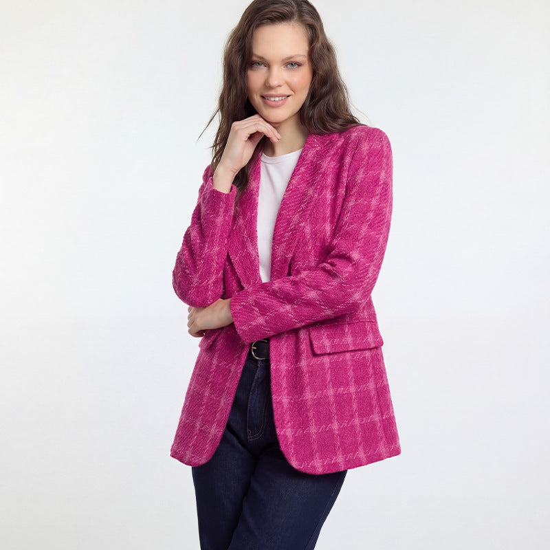 Plaid cardigan jacket mid length for women