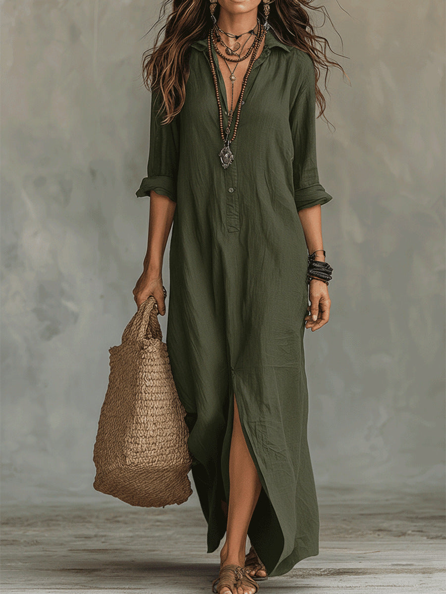 Spring Summer Solid Color Notch Lapel Front Slit Long Dress Casual Shirt Dress Lazy Style