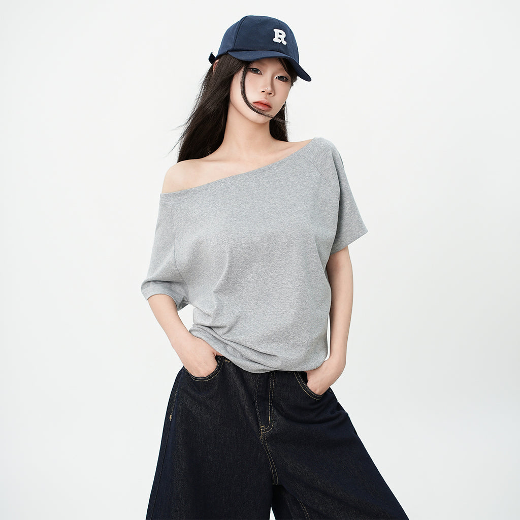 One-Shoulder Asymmetrical Design Short Sleeve T-Shirt Loose Relaxed Style Top
