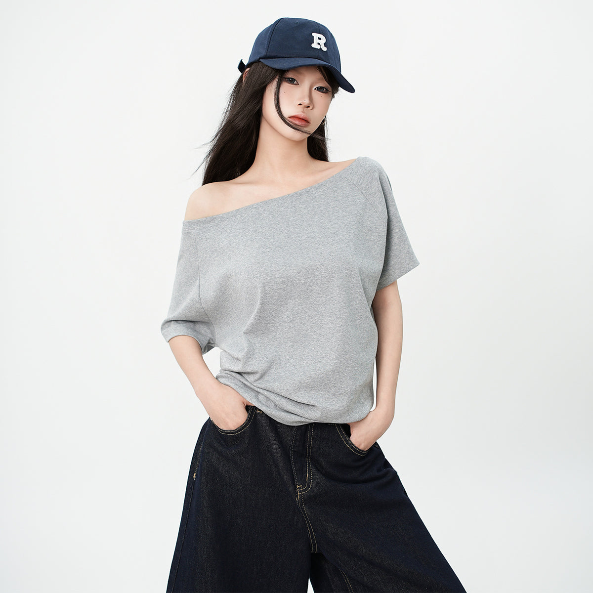One-Shoulder Asymmetrical Design Short Sleeve T-Shirt Loose Relaxed Style Top