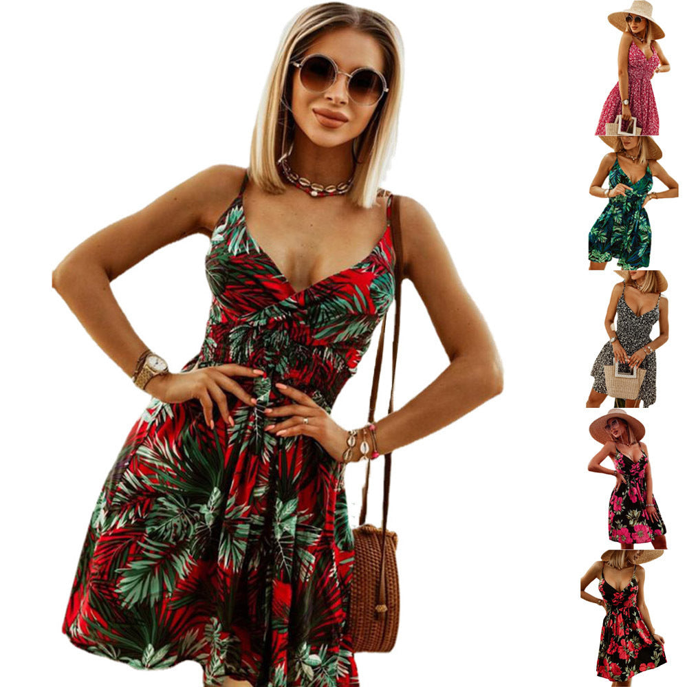 Summer Women's Printed Strap Dress Fashion V-Neck Fitted Short Dress