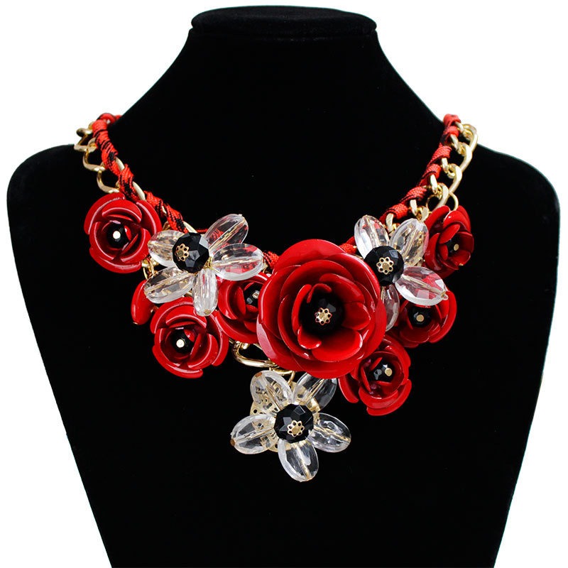 Colorful flower gemstone pendant rope braided necklace short clavicle exaggerated women's accessories necklace