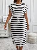 Stripe Print Short Sleeve Tie Waist A-line Dress