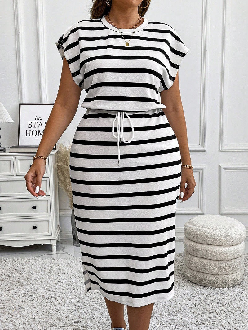 Stripe Print Short Sleeve Tie Waist A-line Dress