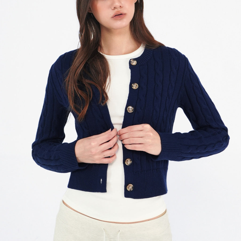 Wool Cable Knit Crewneck Sweater Cardigan Top for Women's Clothing