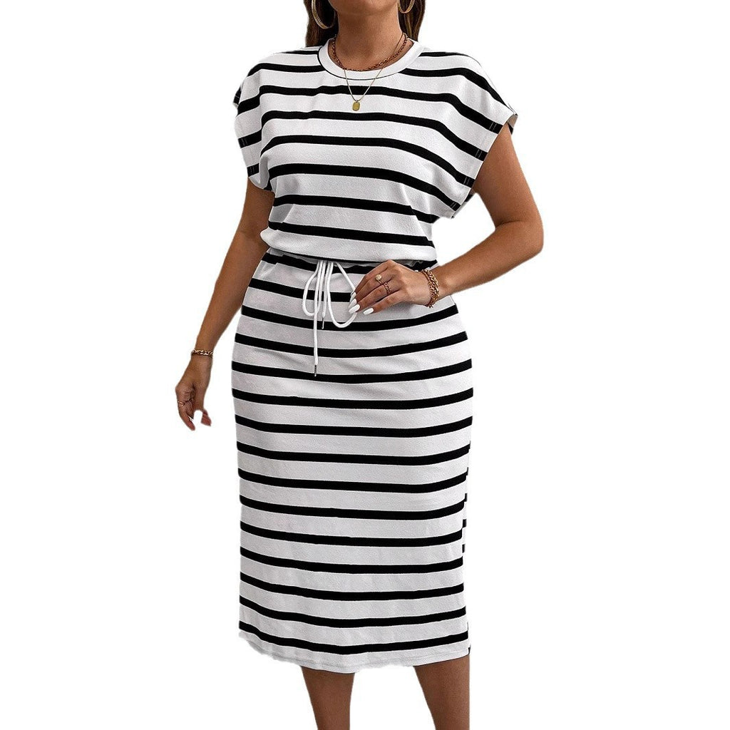 Stripe Print Short Sleeve Tie Waist A-line Dress