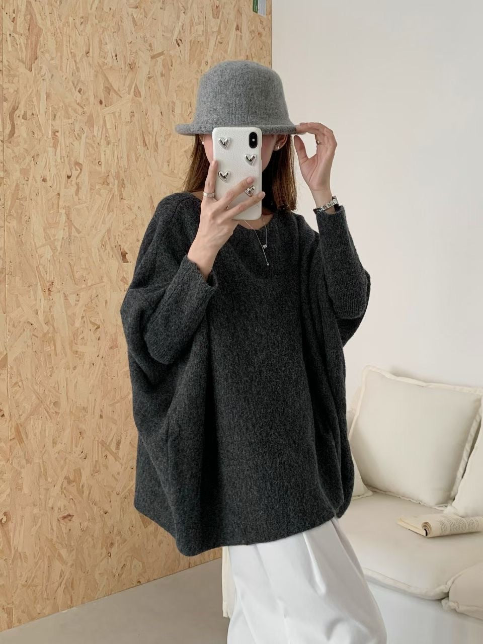 Lazy Style Knit Sweater Coat for Women, Irregular Design Batwing Sleeve Top