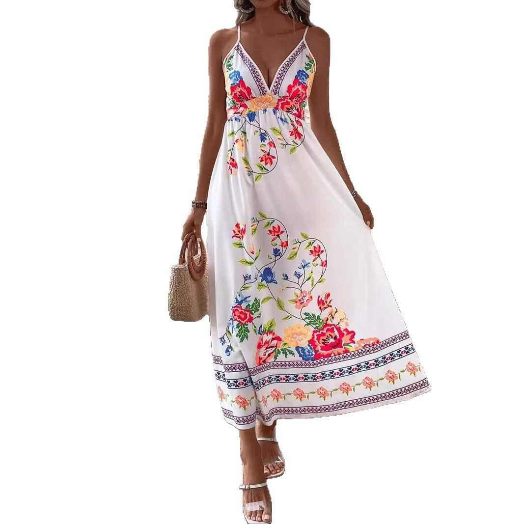 Vintage Ethnic Print Elegant Fitted Slimming Short Vacation Dress for Women