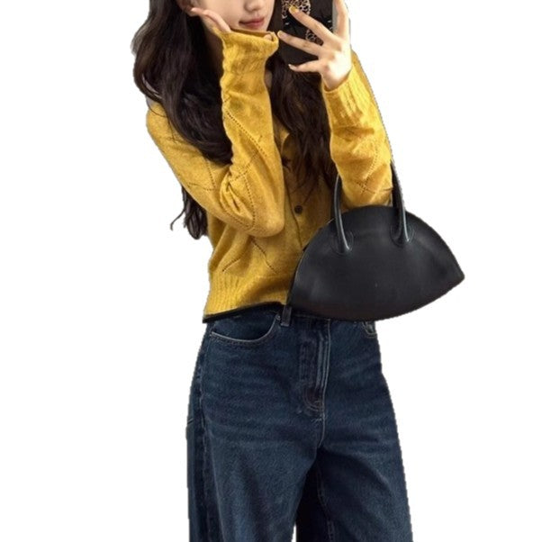 Stylish Yellow Long Sleeve Knit Cardigan for Women Short Outerwear Top