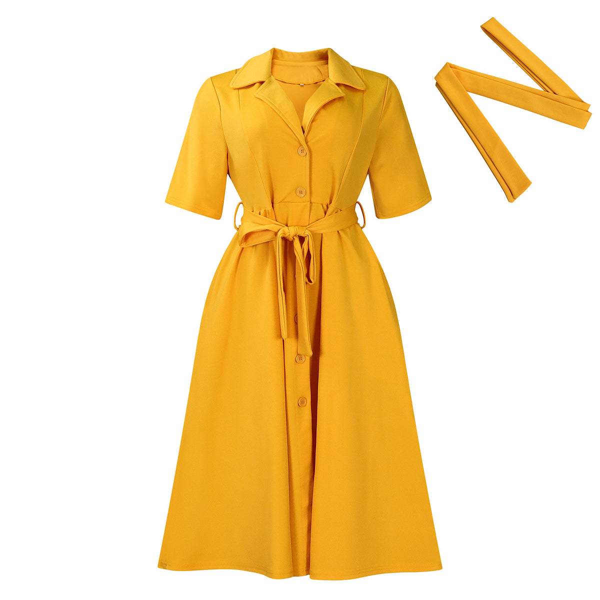 Short sleeved suit collar strap solid color dress