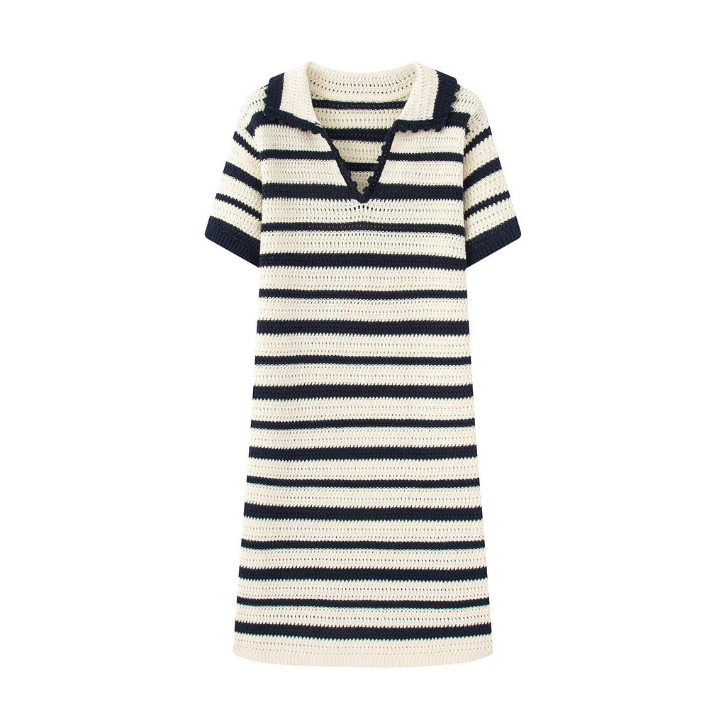 Striped Knitted Polo Collar Dress