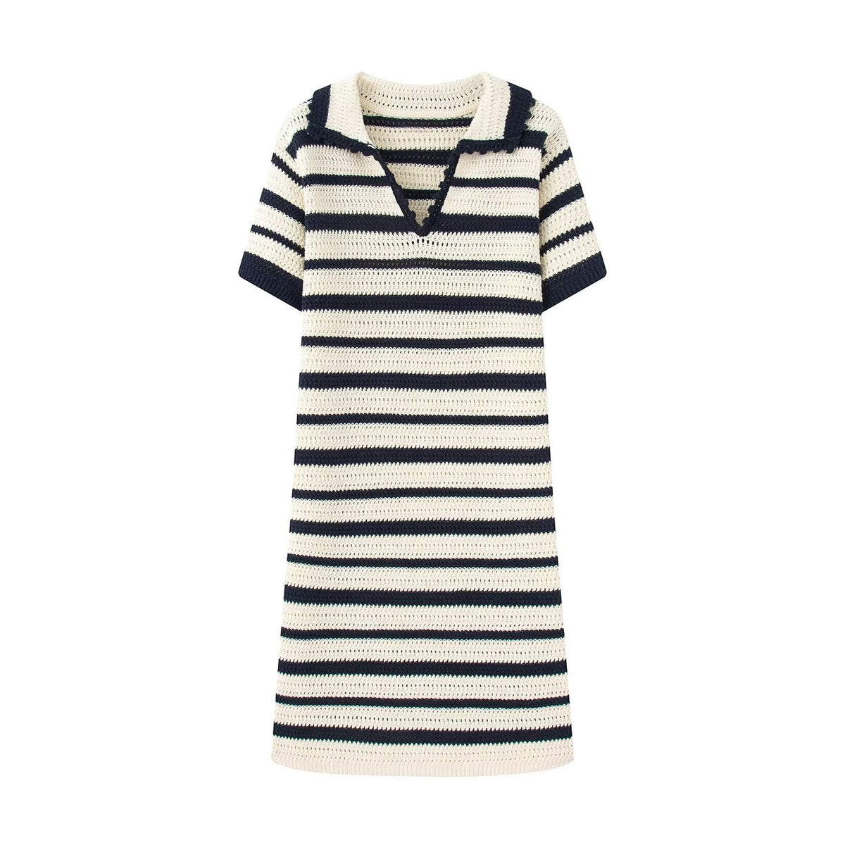 Striped Knitted Polo Collar Dress